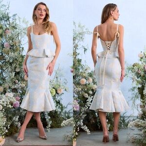 V. Chapman Willa Sky Windsor Brocade Peplum Midi Dress Light Blue NEW with tags